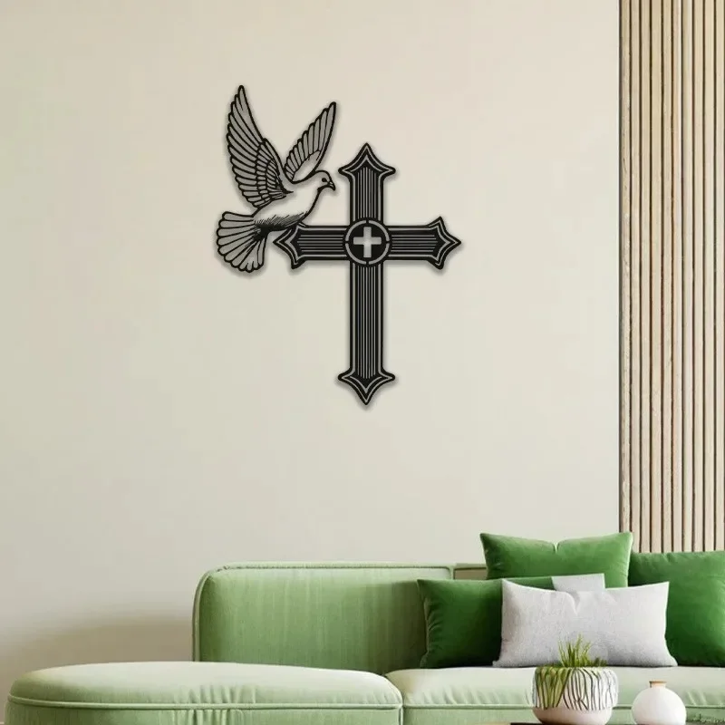 CIFBUY Iron Wall Art Dove On Cross Metal Decor Christian Bird Ornament For Indoor Outdoor Living Room Home Decor