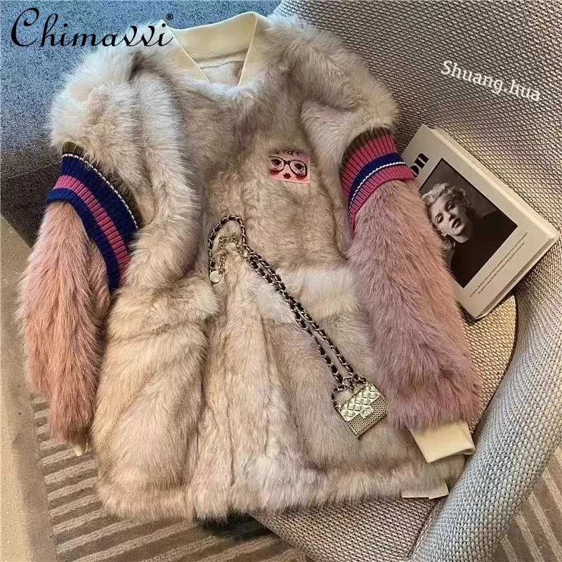 2024 Autumn Winter Fashionable Retro High-end Plush Thickened Short Environmentally Friendly Fur Splicing Baseball Jacket Women