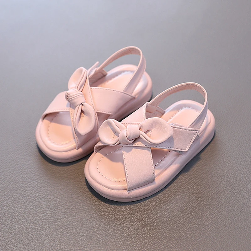 Summer New Baby Girls Sandals Pu Leather Solid Color Bow Chunky Soles Children\'S Carabiners Cross Strap Baby Girls Beach Sandals