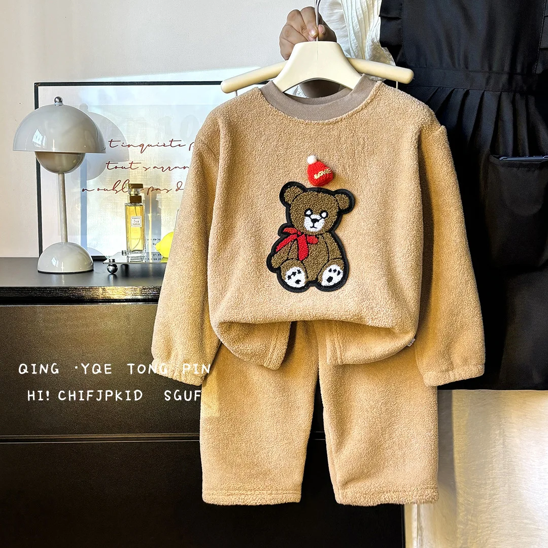 Children's Plus Velvet Thickened Suit Boys Warm Pajamas 2 Pcs Girls Winter Set 2024 New Casual Round Neck Clothes 12M-14 Years