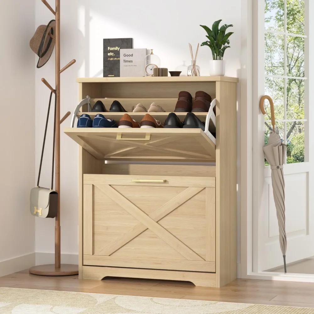 

Farmhouse Shoe Cabinet for Entryway with 2 Flip Drawers, 2 Tier Freestanding, Slim Narrow Shoe Organizer Cabinet for Entryway, H
