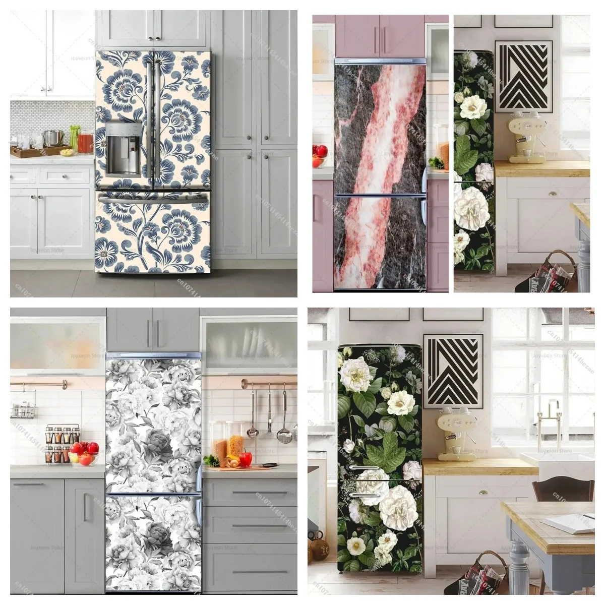 

Blue and White Floral Damask Refrigerator Stickers Self Adhesive Waterproof Anti Scratch Fridge Door for Vintage Kitchen Decor