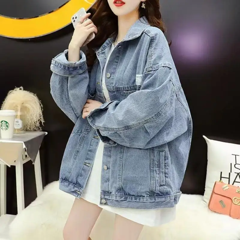 

Свободная повседневная джинсовая куртка, женская одежда больших размеров, весенне-осенняя длинная джинсовая куртка, удобная хлопковая джинсовая верхняя одежда для ленивых