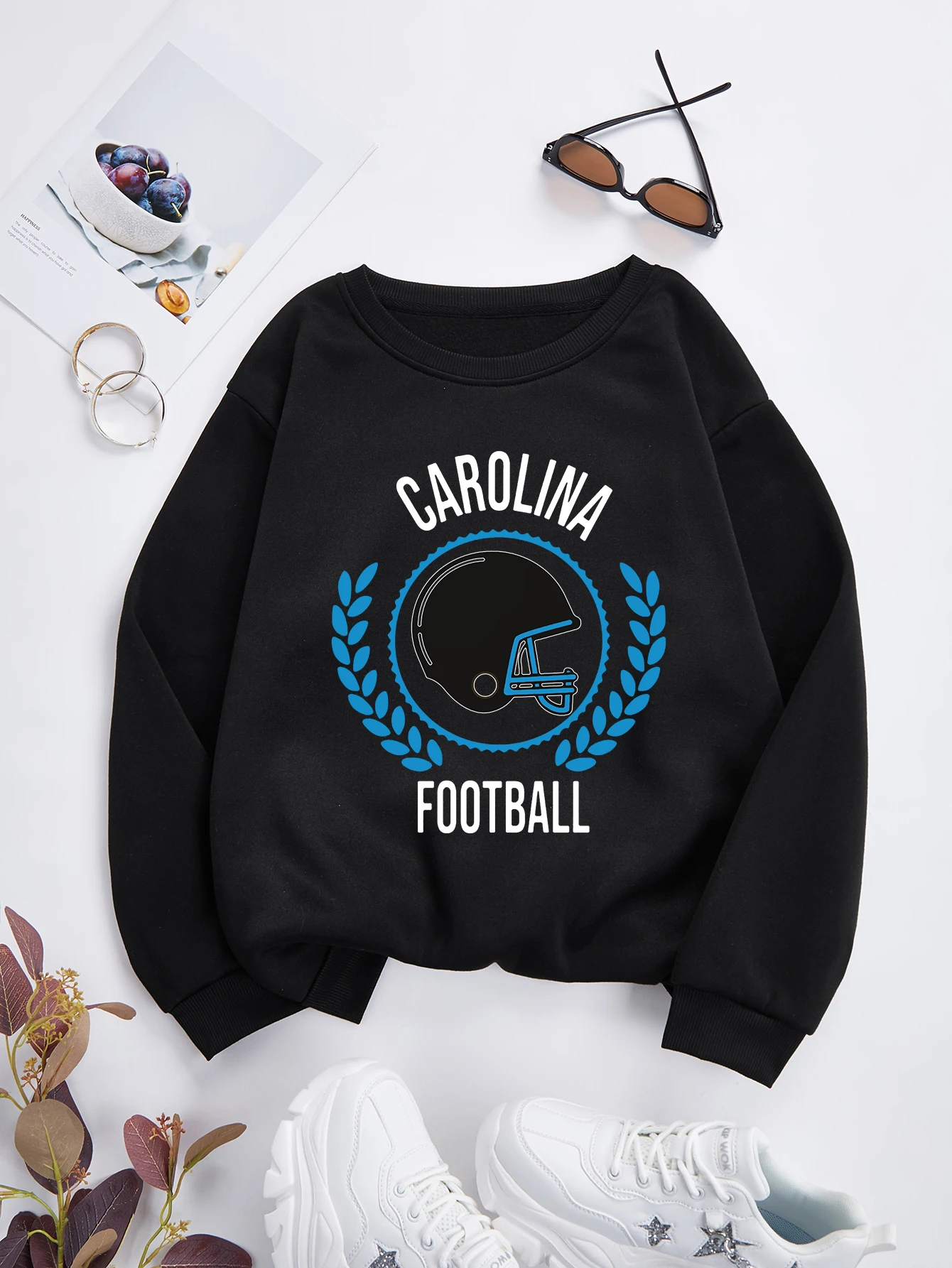 Carolina Football Women's Print Thermal Lined Crew Neck Loose Pullover Long Sleeve Plus Velvet Casual hoodie