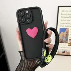 3D Love Heart Wrist Chain Phone Case For Redmi Note 13 14 12 11 10 9 Pro Plus 11s 9s 14C 13C 12C Hang Strap Lanyard Cover