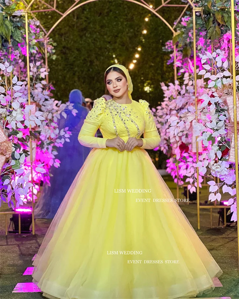 LISM Vintage Glitter Yellow Organza A-Line Muslim Evening Dresses Arabic Women Long Sleeves Formal Occasion Dress Custom Made