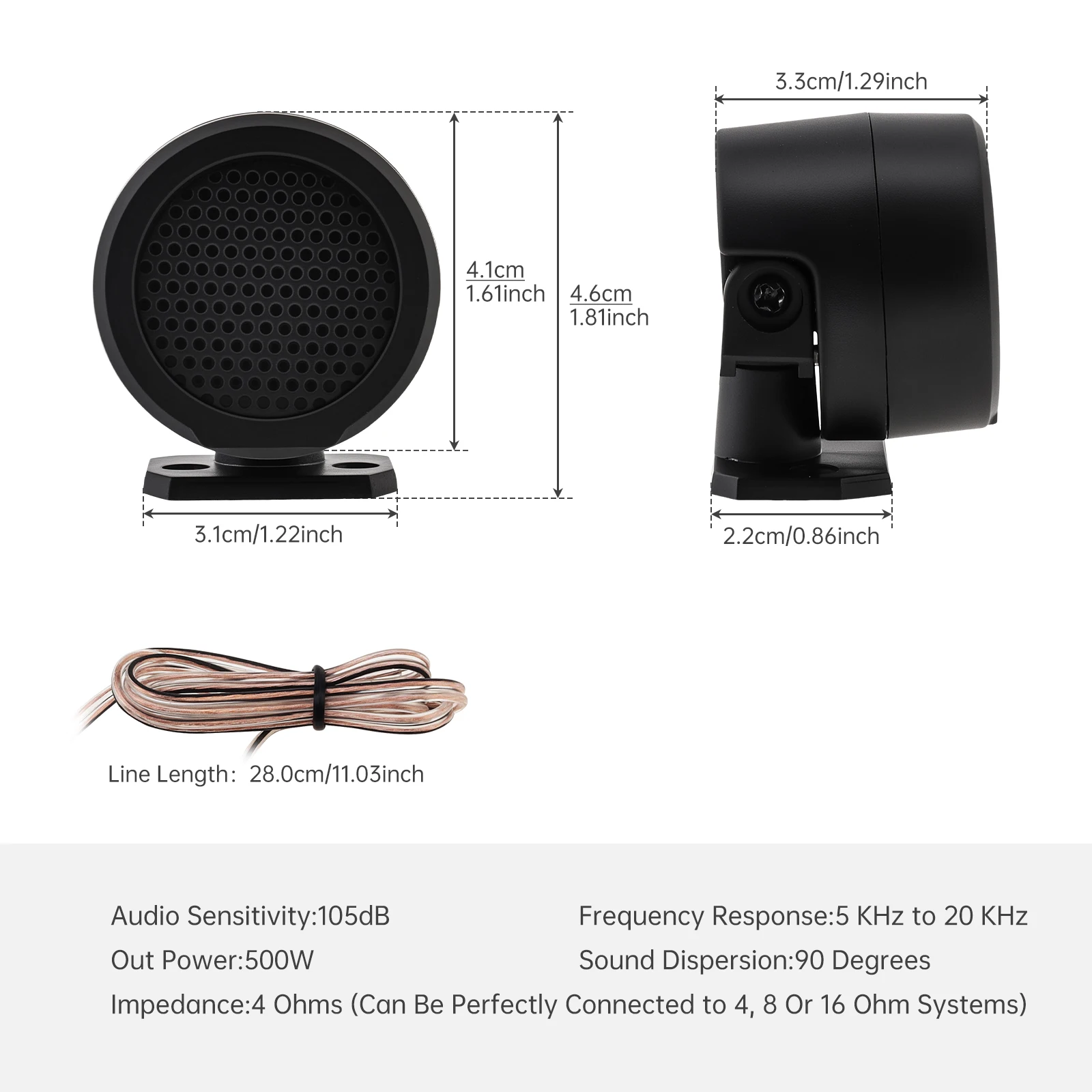 2pcs Universal  500W High Efficiency Mini Dome Tweeter Speakers for Car Audio System, Black High Frequency Tweeters