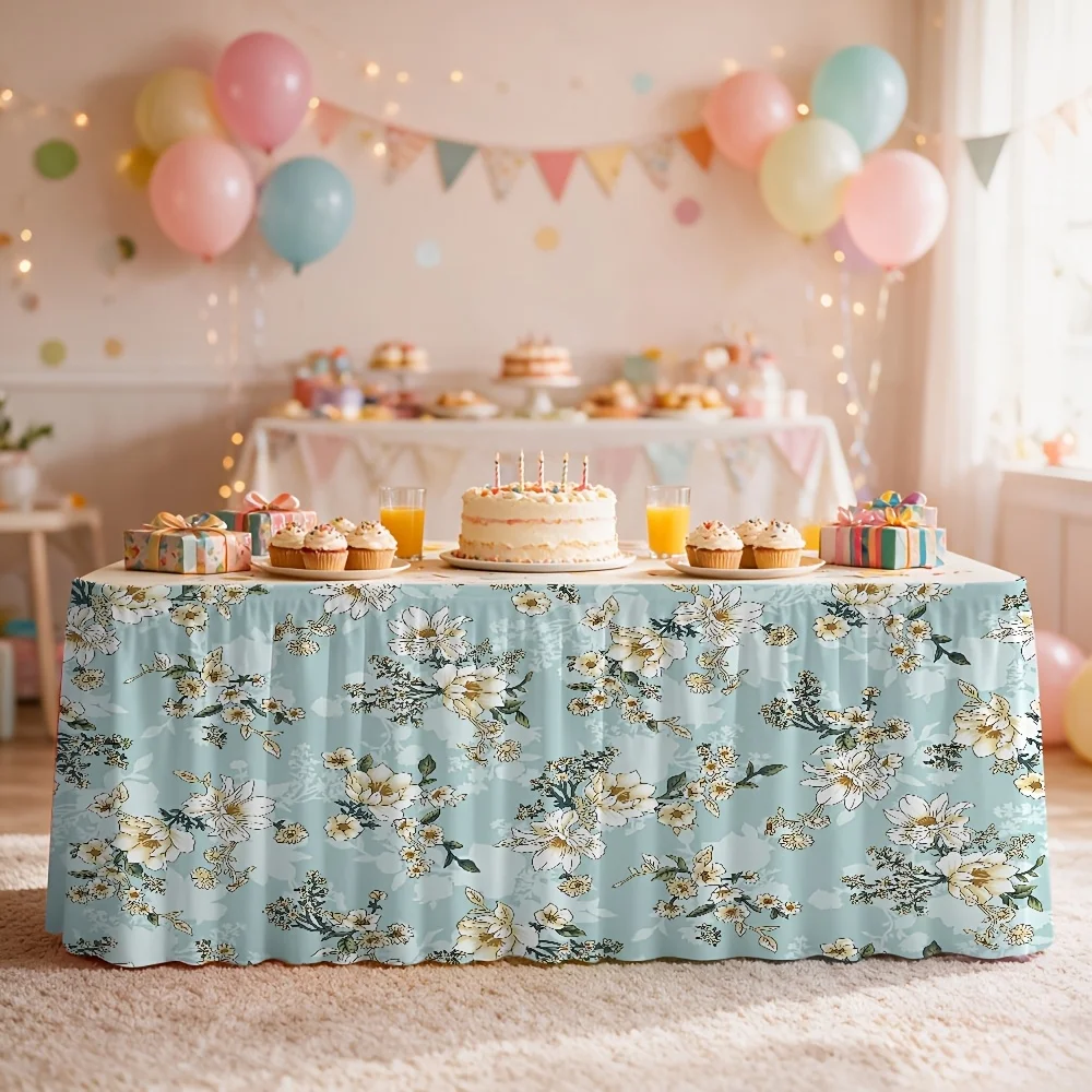 1 Halloween-themed light blue and white floral print tablecloth table dress for parties, kitchens and dining room decorations
