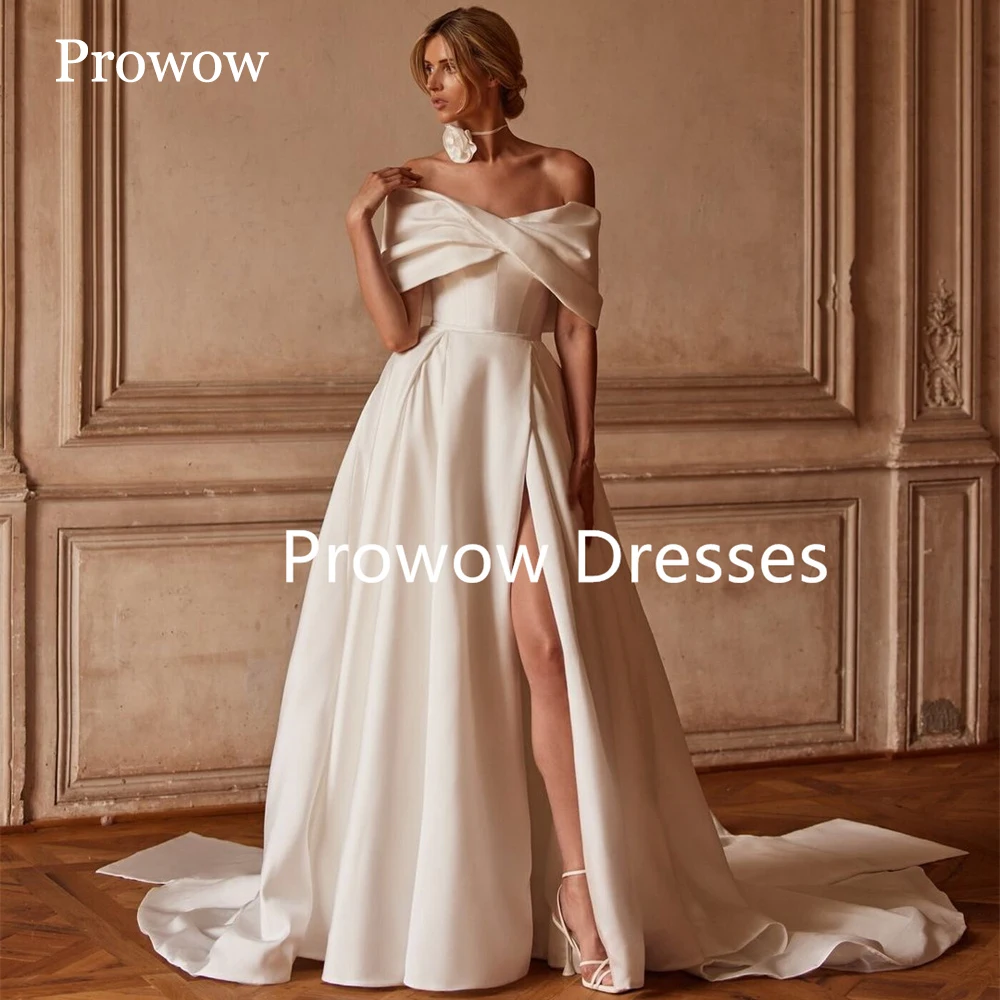 Prowow Off Shoulder Bow A Line Wedding Dresses Floor Length Pleats Bride Gowns Side Slit Sweep Train Flowers Customized