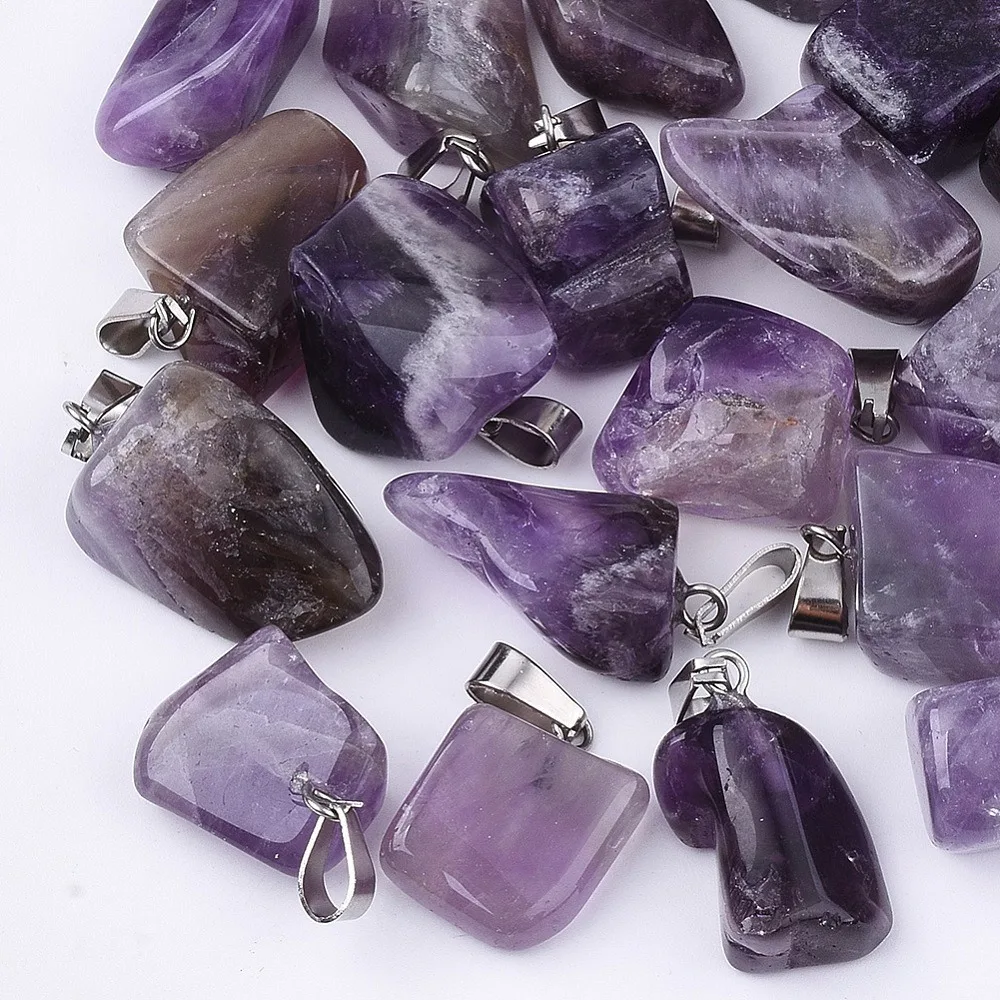 

1box 24pcs Amethyst Pendants with Stainless Steel Snap On Bails Nuggets