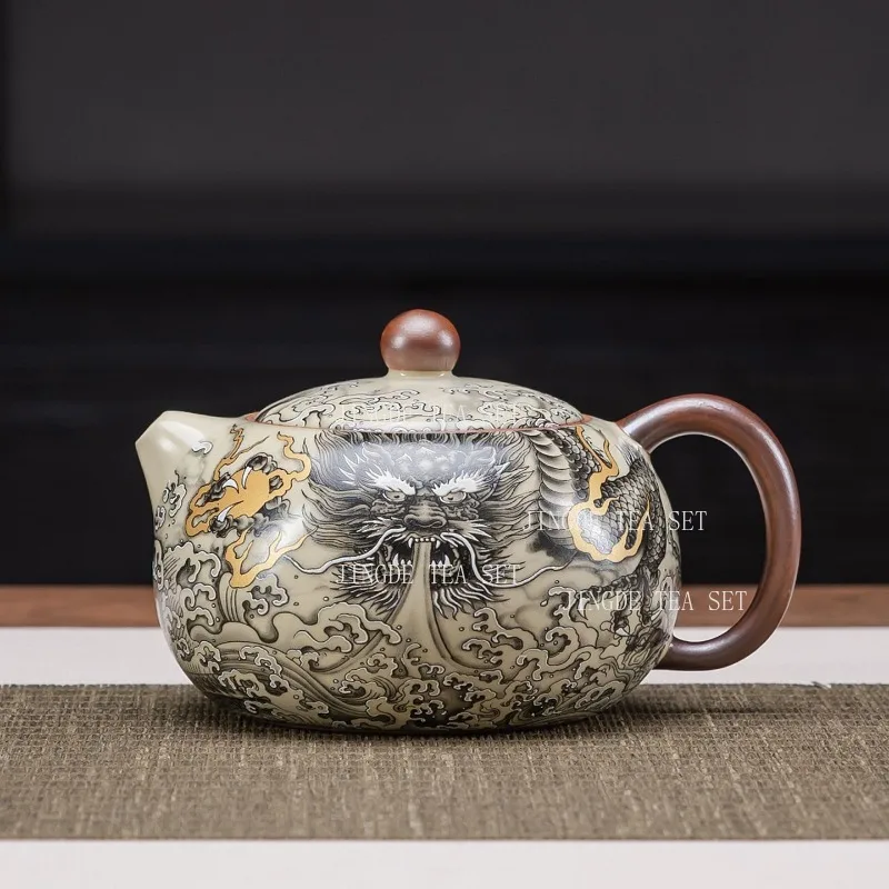 Dragon Pattern Xishi Ceramic Teapot Chinese Kung Fu Tea Pot Underglaze Color Dragon & Wave Design Single Brewing Vessel