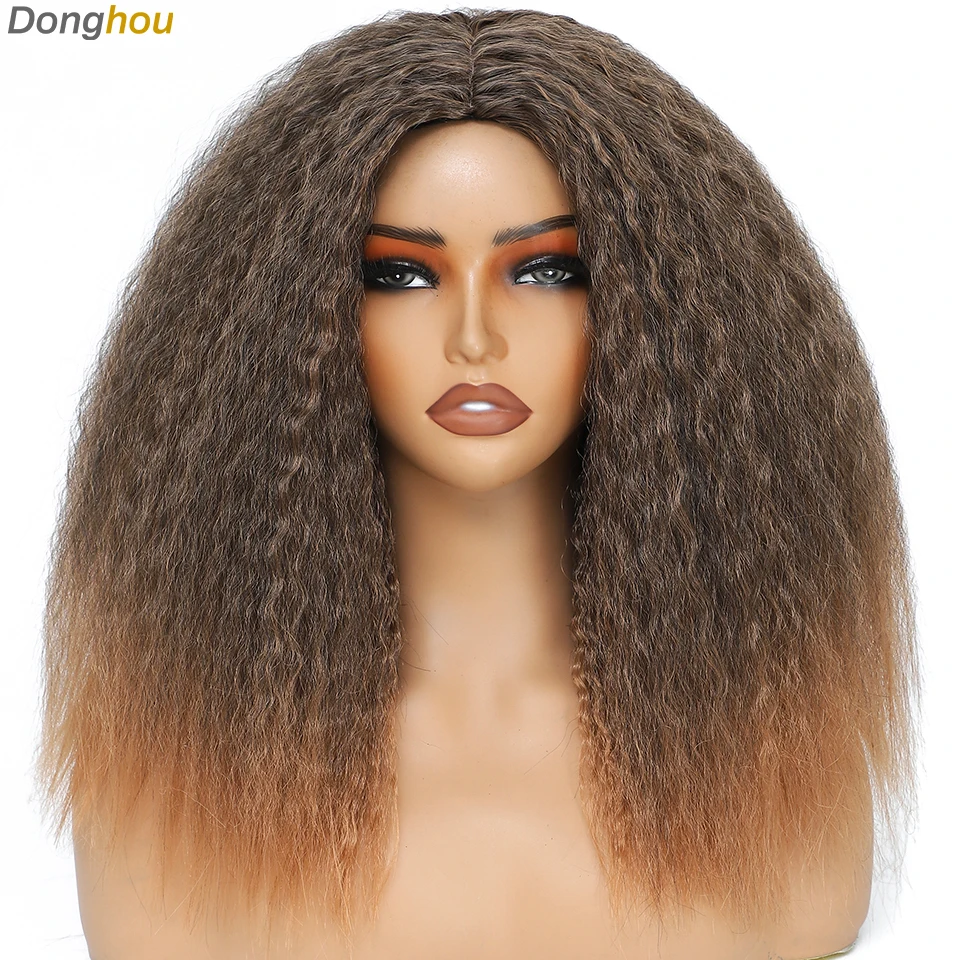 قصيرة منتفخ ياكي مستقيم شعر مستعار اصطناعي 16 بوصة متوسطة طول ارتداء والذهاب شعر مستعار موجة عميقة الباروكات Perruque فام كورتي Sans Colle