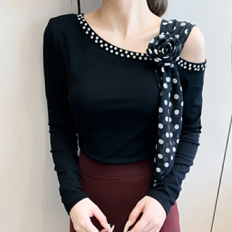 Korean Design Irregular Slant Neck Beaded Diamond T-Shirt Women's Sexy Off-Shoulder Autumn Long Sleeve Slim Fashion Top Shirt