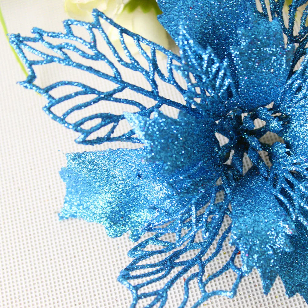 

6Pcs Glitter Artificial Flowers Christmas Decorations Hollow Out Xmas Floral Ornaments Tree Wreath Centerpiece Decor Blue