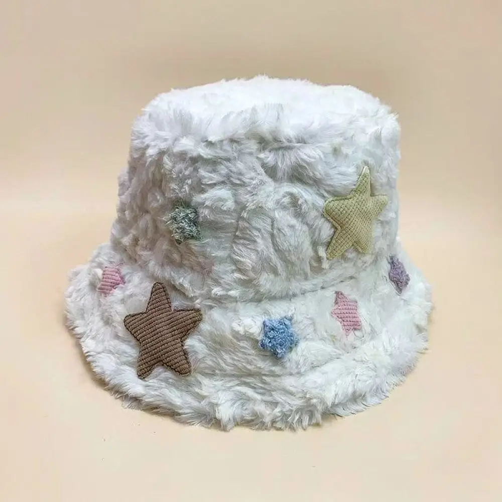 Trendy Lamb Wool Bucket Hat Winter Warm Plush Fisherman Cap Fashion Star Embroidery Thickened Soft Casual Women Bonnet