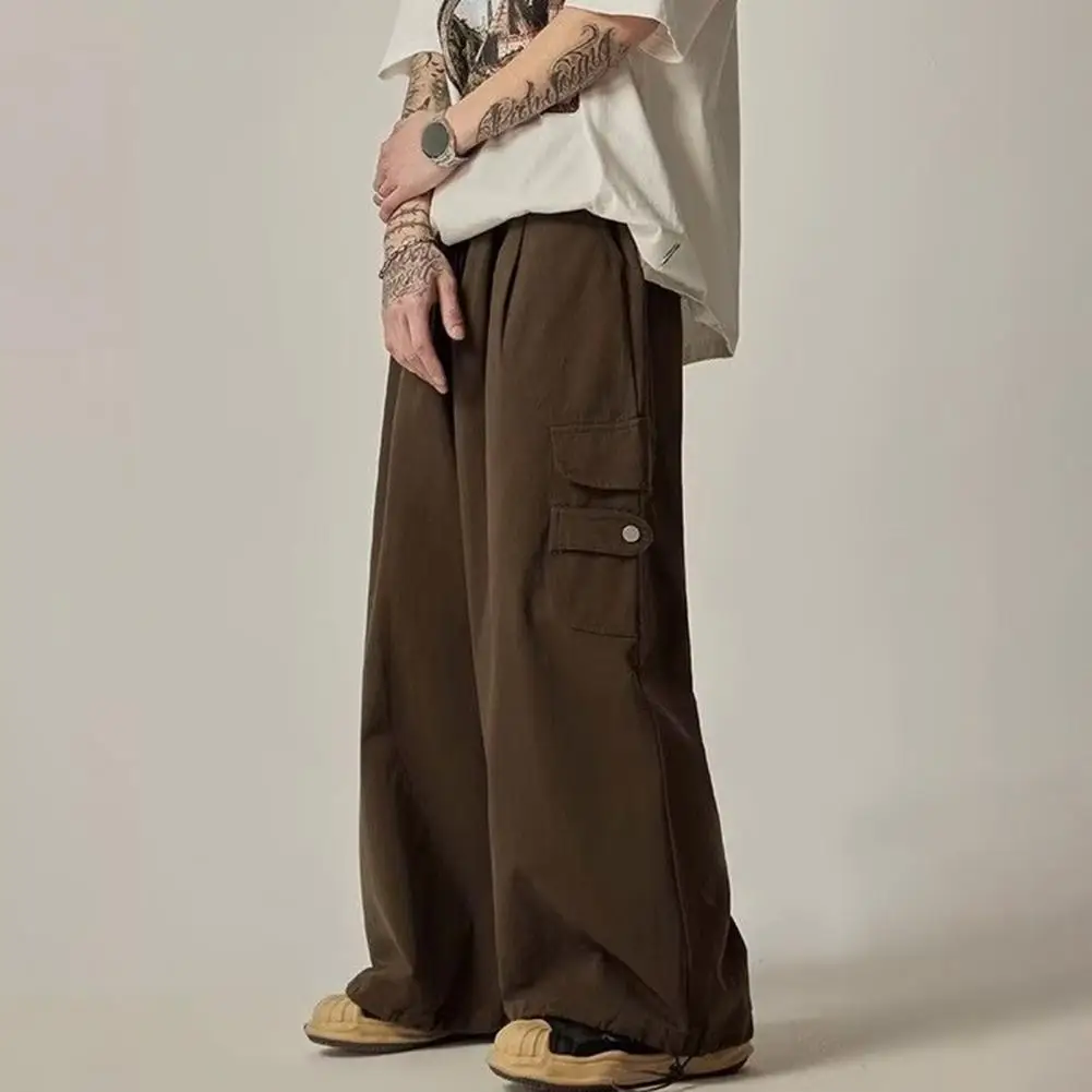 High Street Style Wide Leg Drawstring Black Cargo Pants Unisex Straight Baggy Casual Overalls Men's Streetwear Loose Trousers