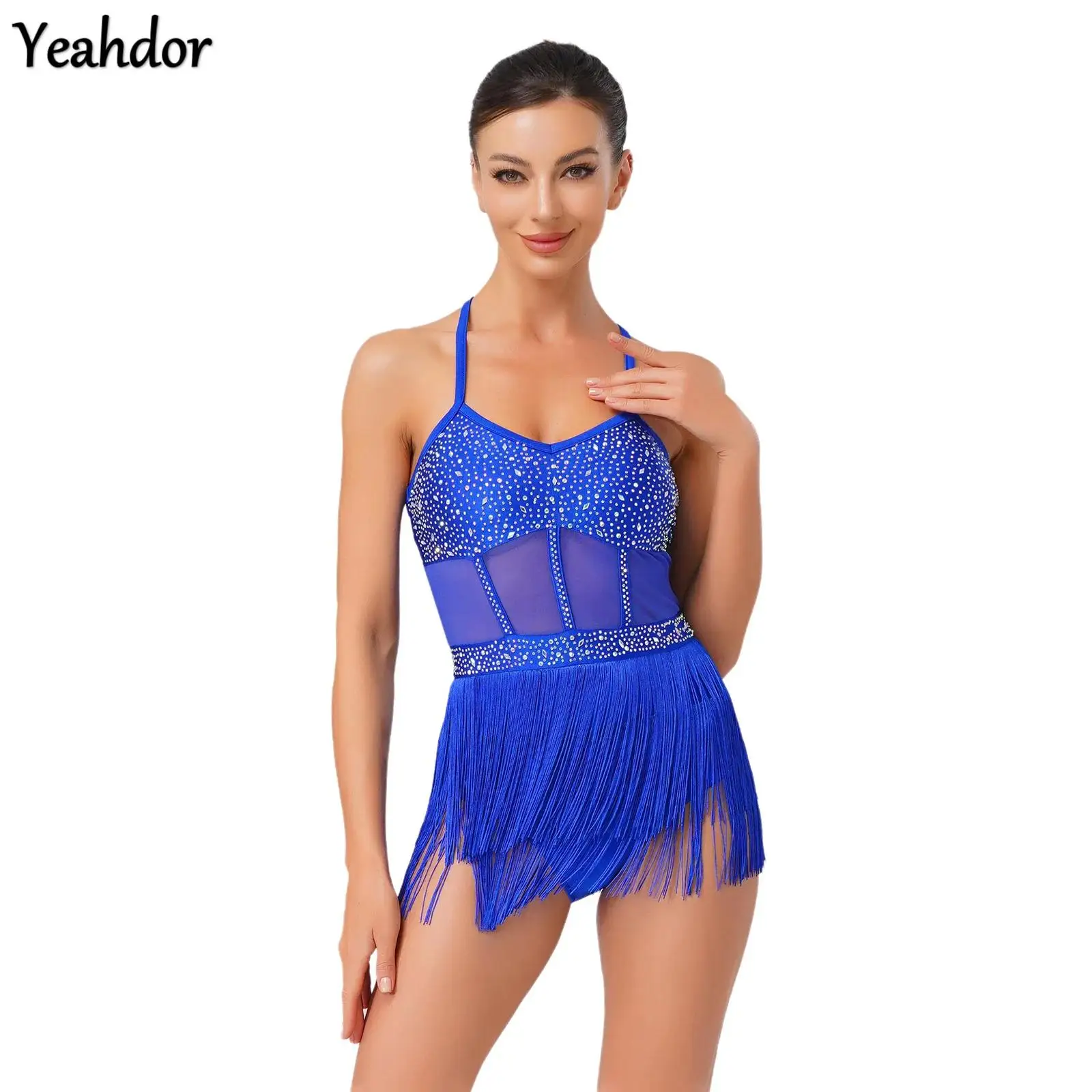 

Women Latin Dance Leotard Dress Sheer Mesh Tassel One Piece Fringe Bodysuit Rhinestone Skating Cha-cha Samba Tango Dancewear