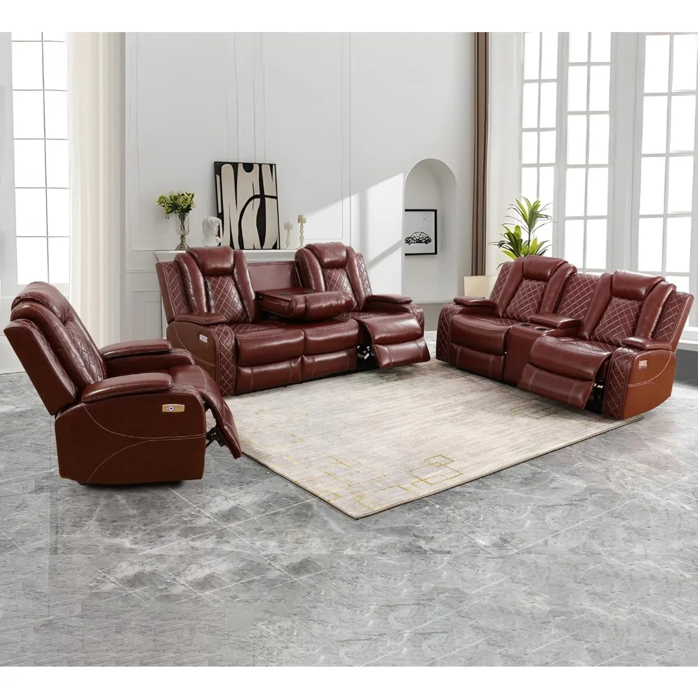 Power Leather Recliner Sofa Set with LED Lights, Living Room Furniture Set, Breathing Leather Sofa Set with USB Port