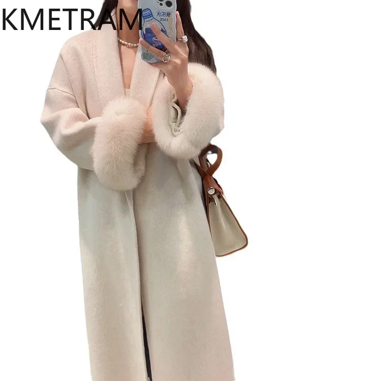 

KMETRAM 70% Real Wool Coat Winter Clothes Women 2024 Fashion Long Coats Woman New in Outerwears Fox Fur Sleeves Пальто Женское