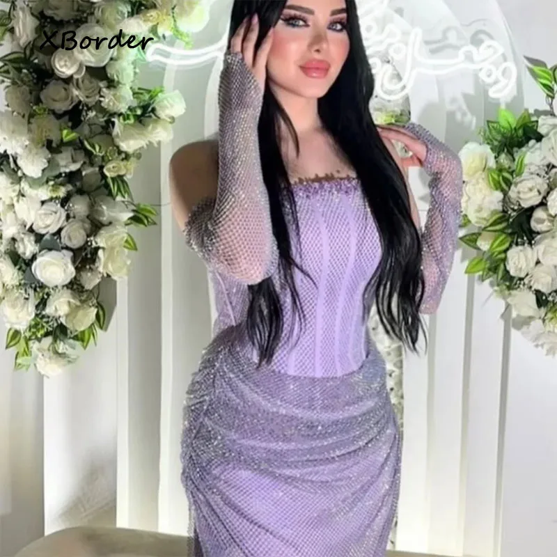 Customized  Evening Dress Luxurious Lilac Sparkle Mesh Strapless Corset Sheath Maxi Gown  Formal Birthday Party Dress Vestidos