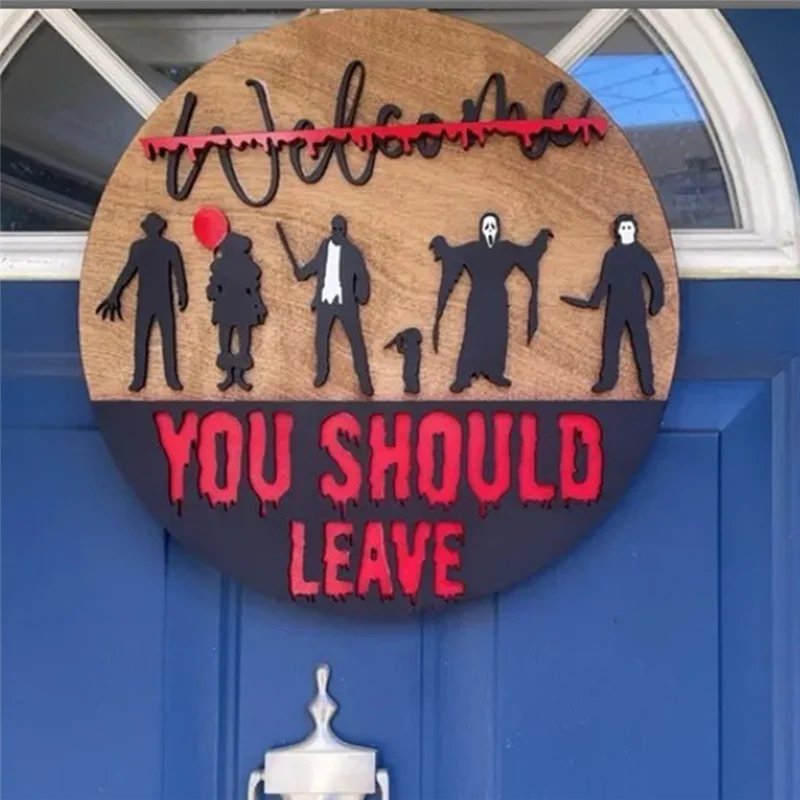 ABUI-Welcome Halloween شخصيات فيلم الرعب علامة الباب الأمامي ديكور داخلي للتعليق على الحائط