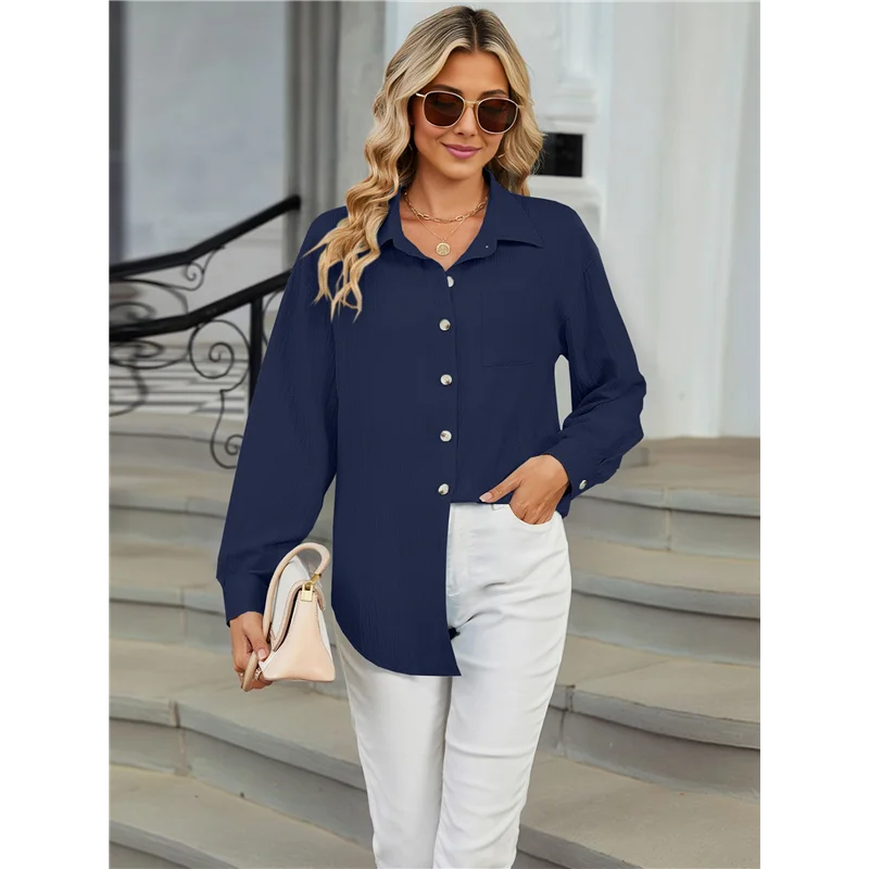 สตรีปุ่มลงเสื้อแขนยาว Textured Collared Work เสื้อ Dressy เสื้อลําลองพร้อมกระเป๋า
