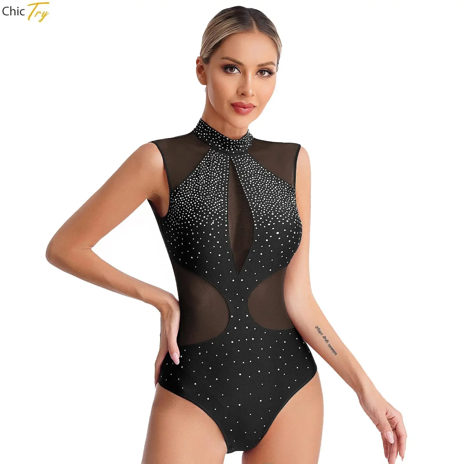 Frauen Gymnastik Trikots Mesh ärmellose Strass Ballett Tanz Bodysuit Mesh Patchwork Kontrast Figur Eislaufen Overall