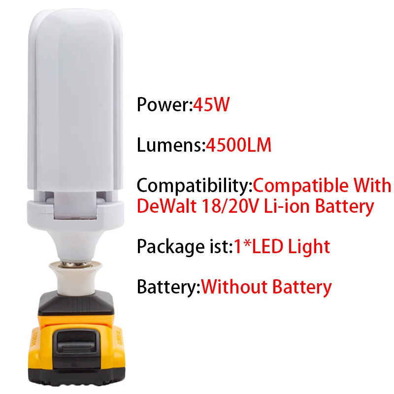 Luz de trabajo LED de hoja de ventilador inalámbrica plegable para DeWalt, batería de iones de litio de 18/20V, lámpara portátil de día para