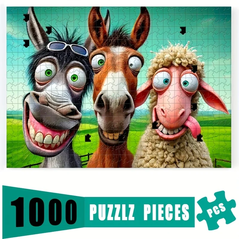 1000pcs Puzzle Game with Funny Donkey Characters - Challenge for Adults & Families, Christmas/Halloween Party Activity, Educat