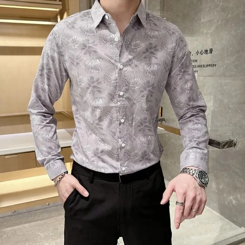 Men's Retro Casual Long Sleeve Shirt Fashion Print Slim Fit Wrinkle Resistant Stylish Korean Style Button Down Top