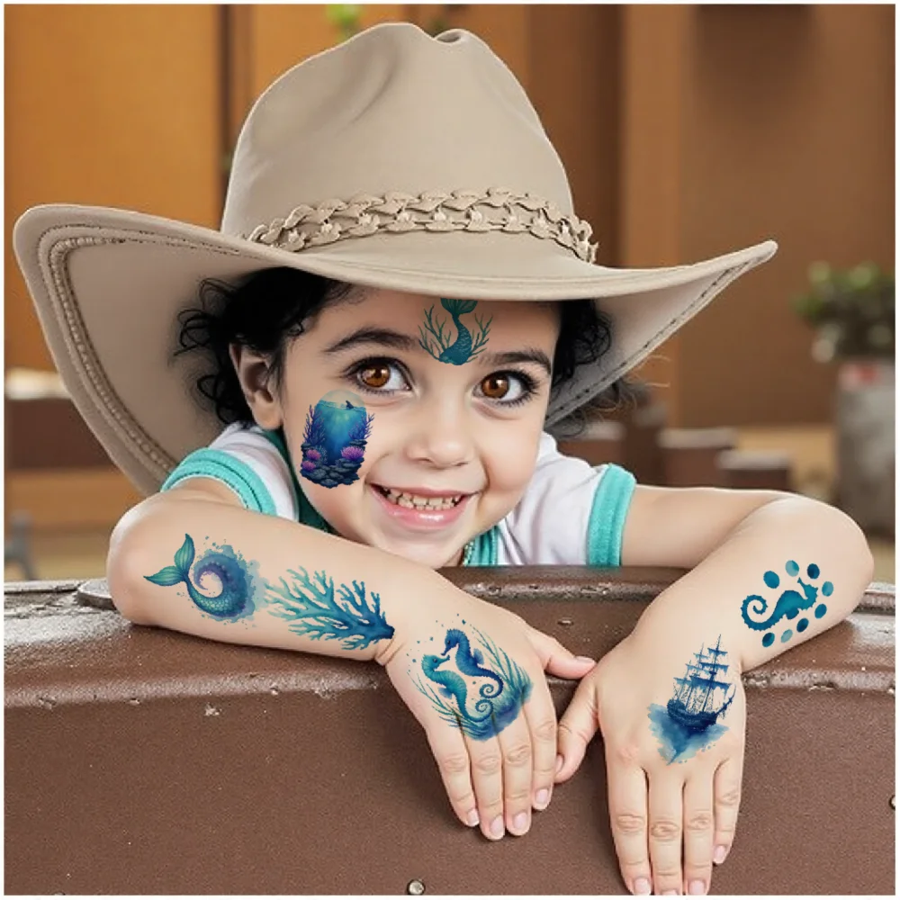 63pcs 임시 문신 불가사리 방수 오래 지속되는 바디 스티커 성인 팔을위한 등대 선박 수채화 해마