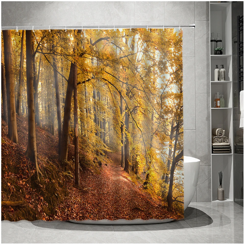 

Autumn Forest Shower Curtain Maple Tree Yellow Fallen Leaves Covered Road Nature Scenery Bathroom Decor Bath Curtains with Hooks