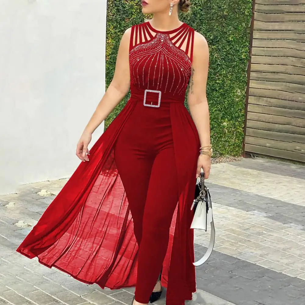 Lady Sleevless Jumpsuit Elegant Rhinestone Buckle Jumpsuit for Women Mesh Patchwork High Waist Jumpsuit Formal Occasion Party