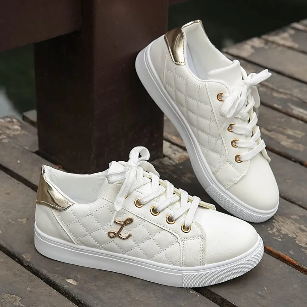 

Fashion Lightweight Women's Sneakers - Black, White and Gold Embellished, Lace-Up Low-Top Casual Shoes for All Seasons