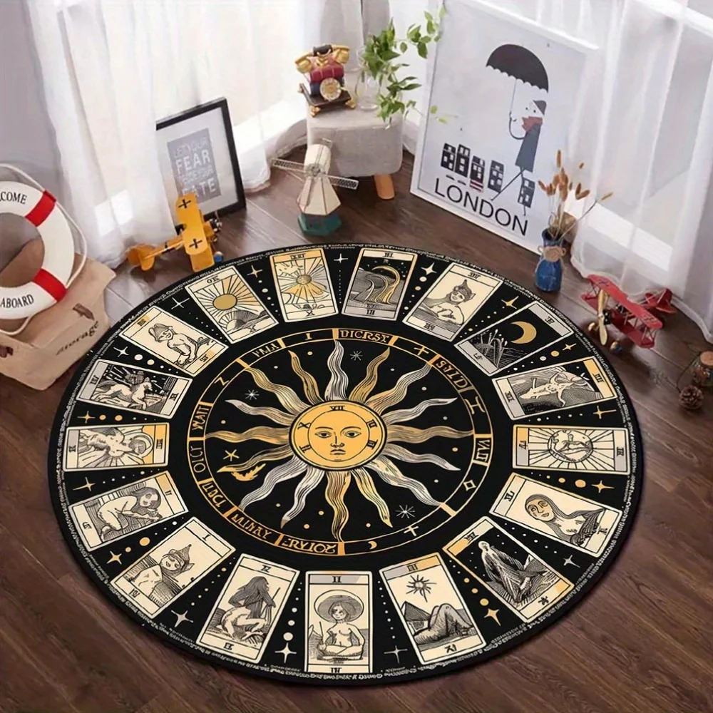 Antique Mystic Tarot Zodiac Printed Round Carpet, Spiritual Wicca Style Anti-slip Rug for Entryway Lounge Bedroom Floor Decor