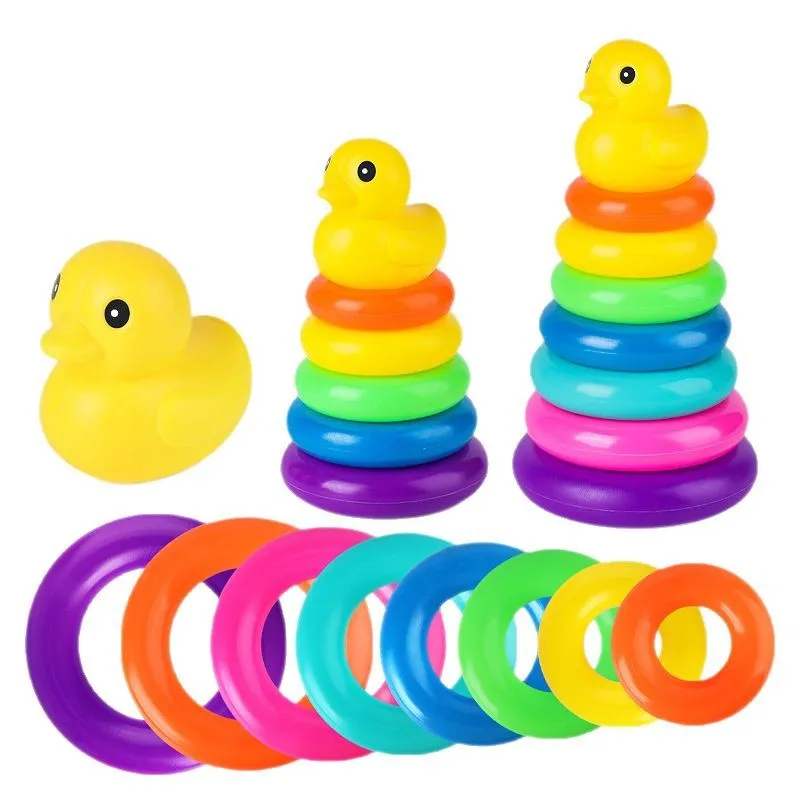 Children's Little Yellow Duck Rainbow Tower Stacking Circle Baby Early Childhood Education Puzzle Ring Montessoris Toy Kids