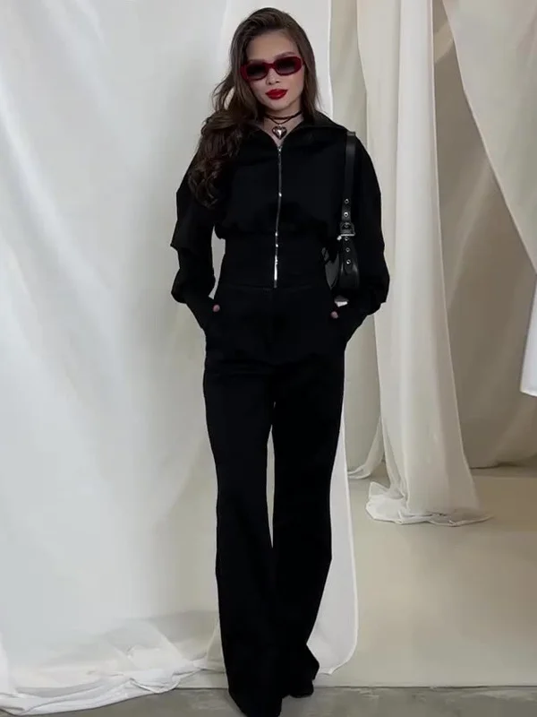 سليم صالح عالية الخصر مستقيم الساق السراويل قطعتين مجموعة لون نقي توب بوت ملابس رياضية كاجوال المرأة Faion ربيع 2025