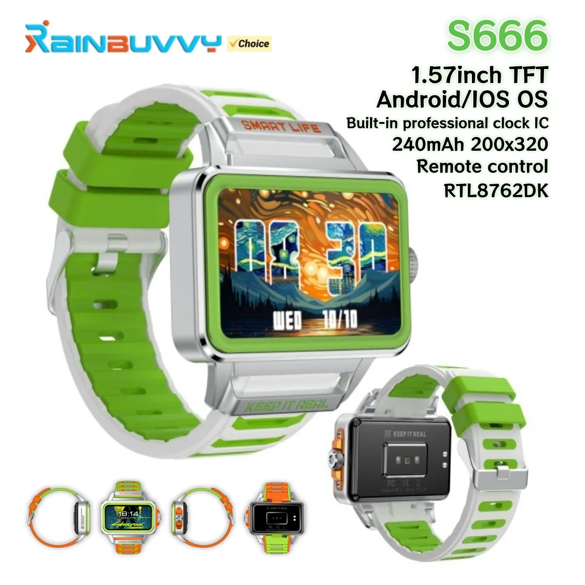 Rainbuvvy S666 Android Smartwatch 1.57inch TFT 200x320 BLE5.0  RTL8762DK 240mAh Game Heart Rate Sleep Monitoring Fashion Watch
