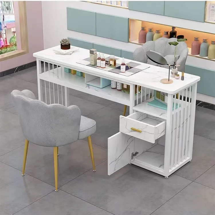 Hot selling Beauty Salon Furniture marble metal frame nail station manicure nail table With chairs