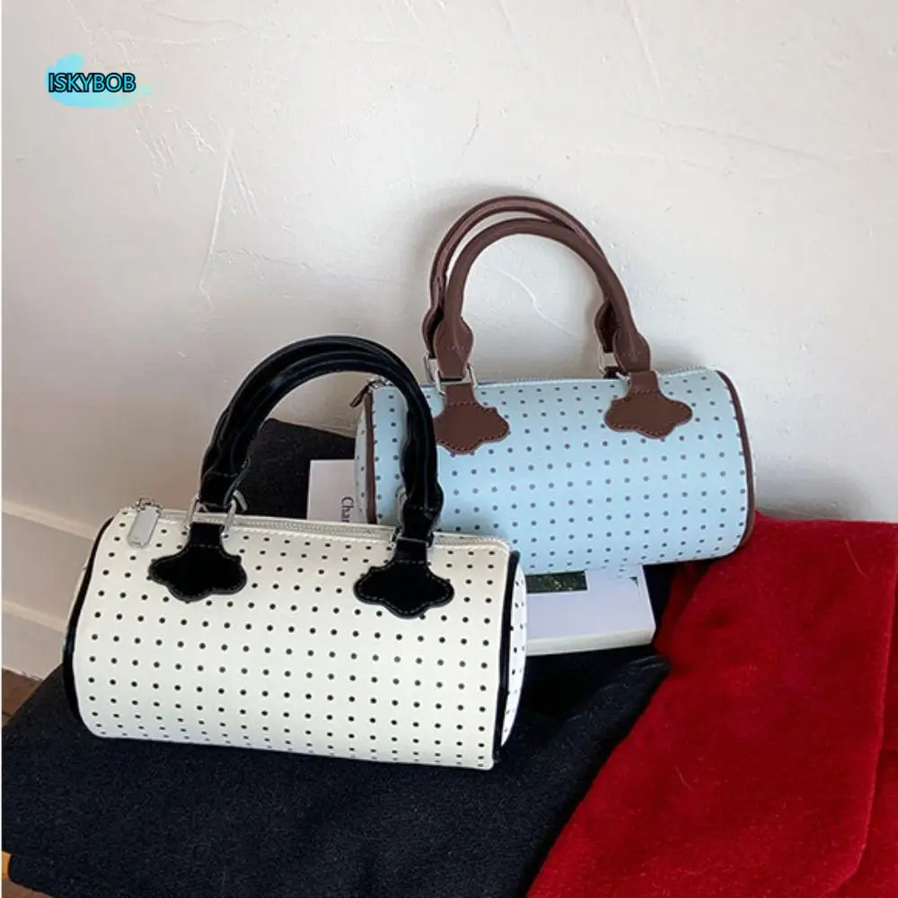 

Fashion French Style Polka Dot Bowling Bag Elegant Large Capacity Women Handbags Casual Cute Cylindrical Bag Girls