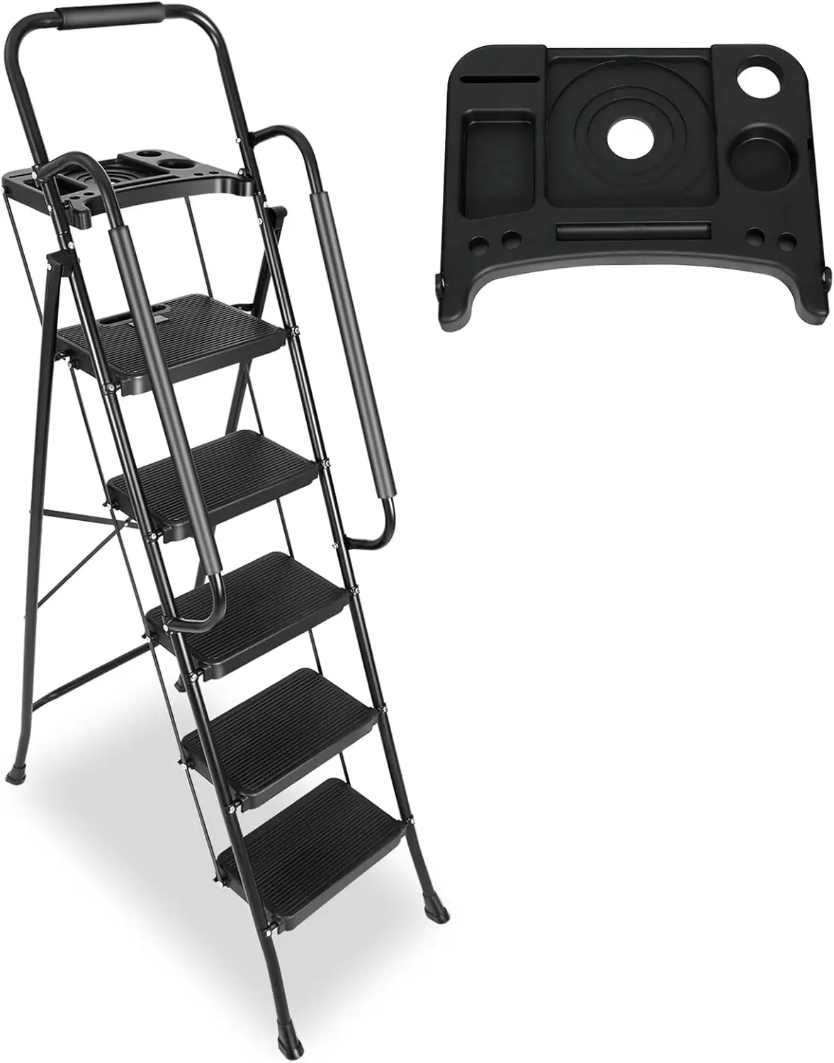 

5 Step Ladder with Handrails & Tool Tray Platform, 330 lbs Folding Step Stool Ladder, Portable Steel Ladder for Kitchen Pantry