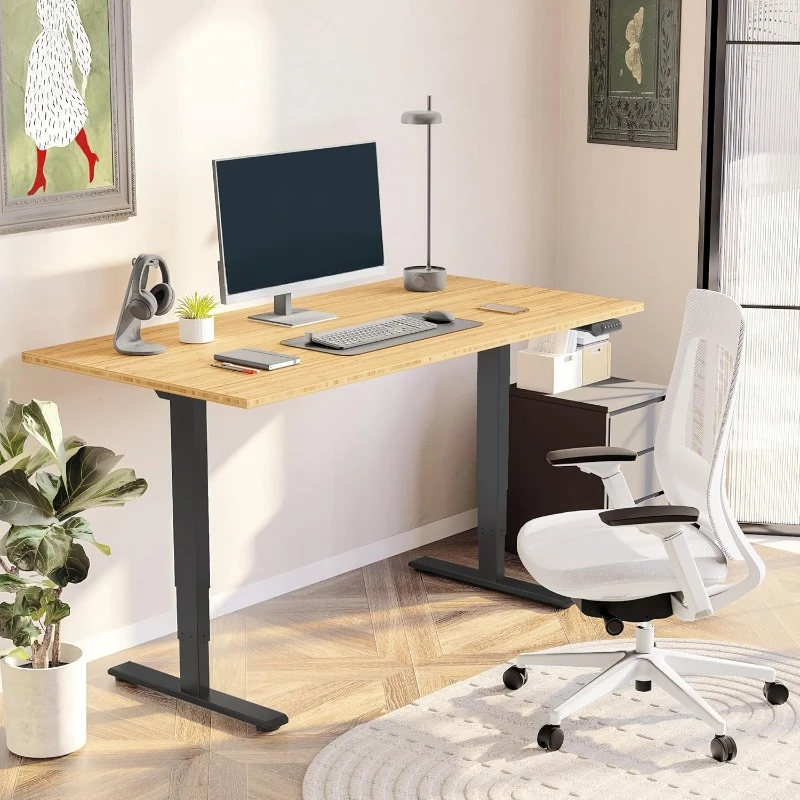 Pro Bamboo 3 Stages Dual Motor Electric Standing Desk 55x28 Inches Whole-Piece Desk Board Height Adjustable Desk