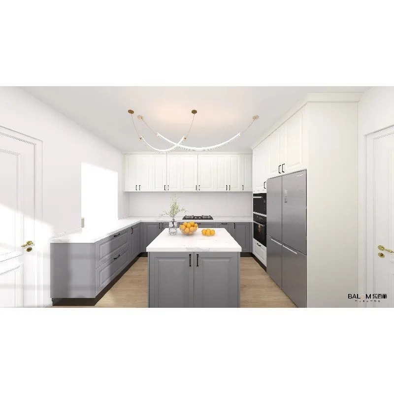 L자형 중앙 아일랜드 주방: 모던한 캐비닛, 일체형 싱크대, 개방형 레이아웃 및 자연광 활용