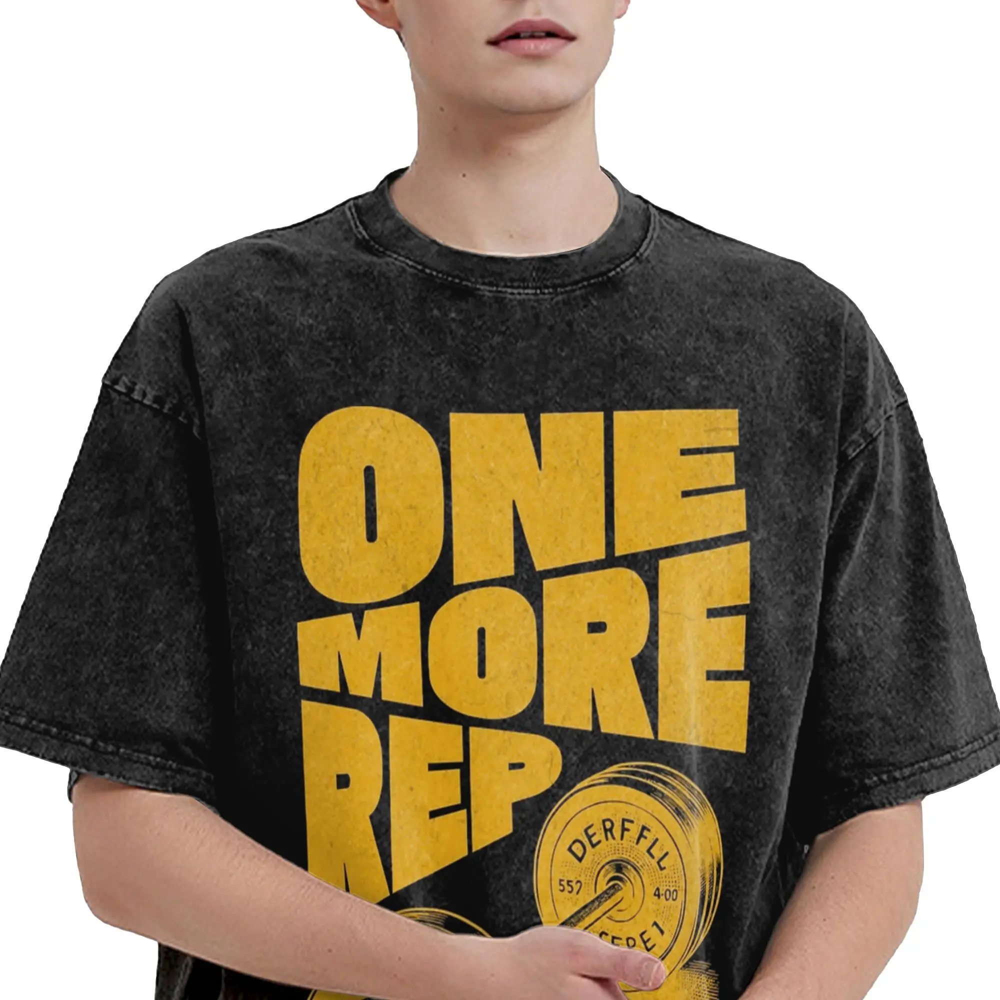 One More Rep Barbell Gym Workout Motivation T Shirt Hip Hop Washed Oversize T-Shirts for Men Women Tops Streetwear Tee Shirt