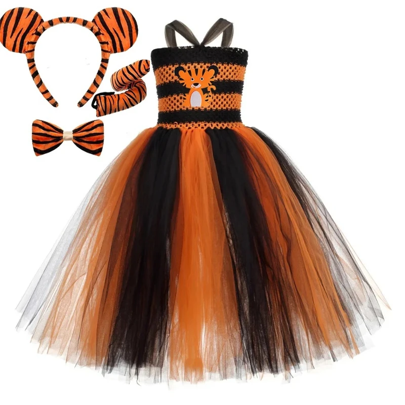 Orange Black Tiger Long Costumes for Girls Jungle Animal Halloween Fancy Dress for Kids Birthday Christmas Outfit with Ears Tail