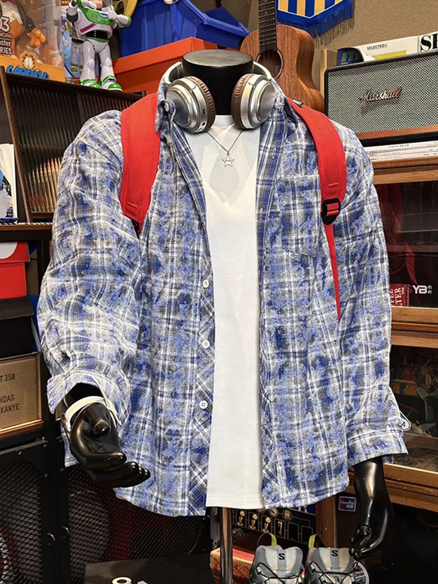

Синяя клетчатая рубашка с эффектом тай-дай для мужчин, весенняя модная верхняя одежда с длинными рукавами, тонкая верхняя одежда, свободный крой, молодежная, износостойкая.