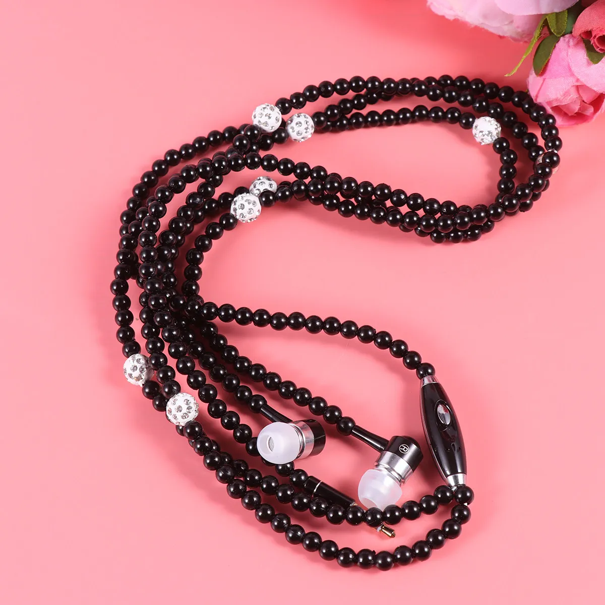 Pearl Chain Design Wired in-Ear Headset Black Earphone Mic Remote Noise Cancelling Earbuds Sports Running Travel Earphone with
