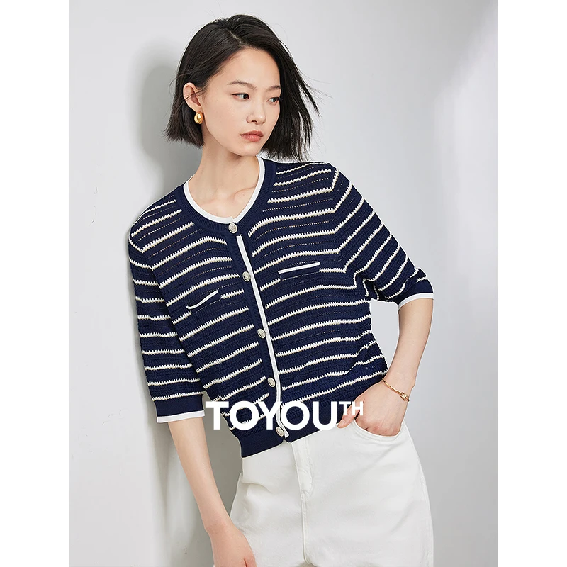 

TOYOUTH Women Knitwear 2024 Summer New Striped Round Neck Single-breasted Button Half Sleeve Elegant Cardigan Tops