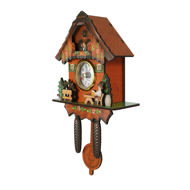 Reloj de pared de cuco de madera antigua, campana de tiempo de pájaro, reloj de alarma oscilante, decoración artística para el hogar