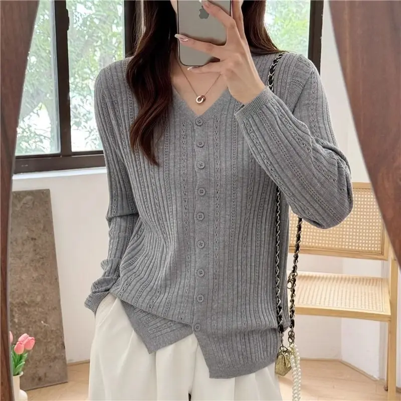 

Korean Version Solid Color Simplicity V Neck Hollow Out Commute Versatile Design Women's Knitted Cardigan All Season New 2024